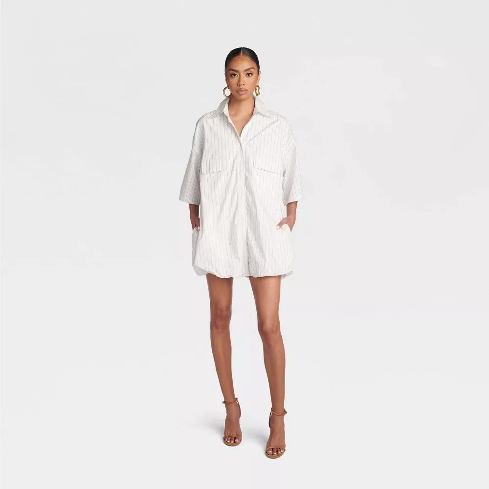 KBB KAHLANA Target L Large Short Sleeve The Bubble Shirt Dress White/Navy Mini